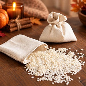May include: Two small, light beige, woven fabric drawstring pouches. One pouch is tied shut at the top, while the other lies on its side with a pile of small, white, oval-shaped grains spilling out onto the surface in front of the pouches.