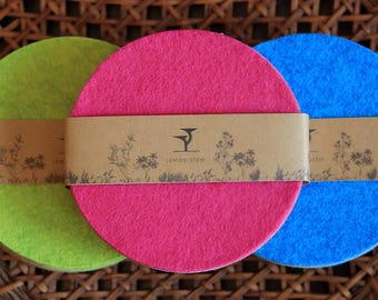Dessous de verre en feutre avec base en liège – Lot de 4 | Dessous de verre ronds de 10 cm (4 pouces) faits main | Épaisseur : 6 mm | Couleurs néon