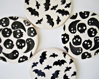 Spooky Coasters - Halloween Decor - Drink Coasters - Bat Design - Skulls - Ghosts - Ceramic Coasters - Coffee Table - Drink Holder