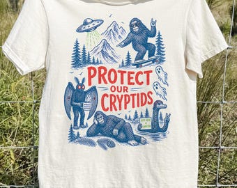Protect Cryptids T-Shirt, Funny Vintage National Park Tee, Bigfoot Mothman Hiking Graphic Unisex Shirt, Horror Cryptidcore Gift