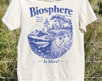 生物圏科学Tシャツ、ヴィンテージ90年代生物学自然Tシャツ、地球生態系グラフィックユニセックスシャツ、環境保護惑星愛好家へのギフト