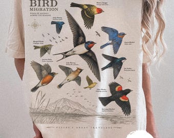 T-Shirt mit Vogelzugmotiv, Vintage-Natur-T-Shirt, Unisex-Shirt mit fliegenden Vögeln (Kunstdruck), Geschenk für Ornithologie-Fans, Naturecore Top