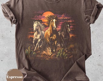 Wildpferde-T-Shirt, Vintage-Western-Cowboy-Shirt aus den 90ern, Unisex-Shirt mit Retro-Naturmotiv, Geschenk für Pferdeliebhaber, Südwest-Top