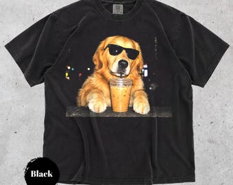 Golden-Retriever-Eiskaffee-T-Shirt, lustiges T-Shirt für Hunde-Kaffeeliebhaber, lässiges Unisex-Shirt mit Golden-Retriever-Grafik, süßes Geschenk für Hundemamas