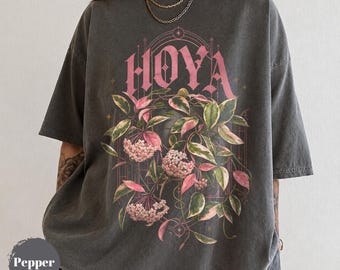 ホヤ・カルノーサTシャツ、コンフォートカラーズ ボタニカルTシャツ、斑入り観葉植物グラフィックユニセックスシャツ、植物好きへのギフト、フラワートップ