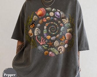 Nature Spiral T-Shirt, Vintage 90s Ocean Stones Tee, Y2K Boho Beach Art Graphic Unisex Shirt, Coastal Naturecore Gift