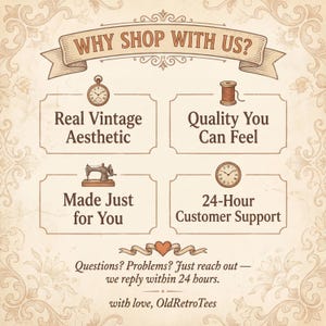 May include: A beige informational graphic with a vintage border featuring the text WHY SHOP WITH US? and four sections with icons: a pocket watch for Real Vintage Aesthetic, a spool for Quality You Can Feel, a sewing machine for Made Just for You, and a clock for 24-Hour Customer Support, plus contact text.