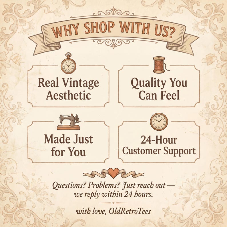 May include: A beige informational graphic with a vintage border featuring the text WHY SHOP WITH US? and four sections with icons: a pocket watch for Real Vintage Aesthetic, a spool for Quality You Can Feel, a sewing machine for Made Just for You, and a clock for 24-Hour Customer Support, plus contact text.