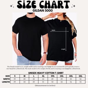 May include: A Gildan 5000 unisex heavy cotton t-shirt size chart featuring two people wearing black t-shirts. The chart displays width and length measurements in inches for sizes S through 5XL, with a visual guide showing how to measure the garment.