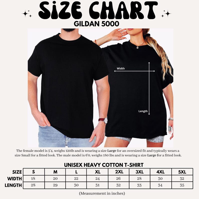 May include: A Gildan 5000 unisex heavy cotton t-shirt size chart featuring two people wearing black t-shirts. The chart displays width and length measurements in inches for sizes S through 5XL, with a visual guide showing how to measure the garment.