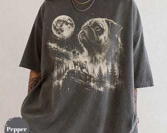 Lustiges Mops-T-Shirt, Vintage Moon Oversized Comfort Colors Tee, Retro-Mops-Grafik-Unisex-Shirt, Geschenk für Mops-Liebhaber, Top für Hundemamas