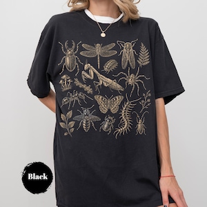 May include: A black short-sleeved t-shirt featuring a gold-toned graphic print of various insects, including a praying mantis, butterfly, dragonfly, beetle, and centipede, alongside small botanical elements like mushrooms and fern leaves.