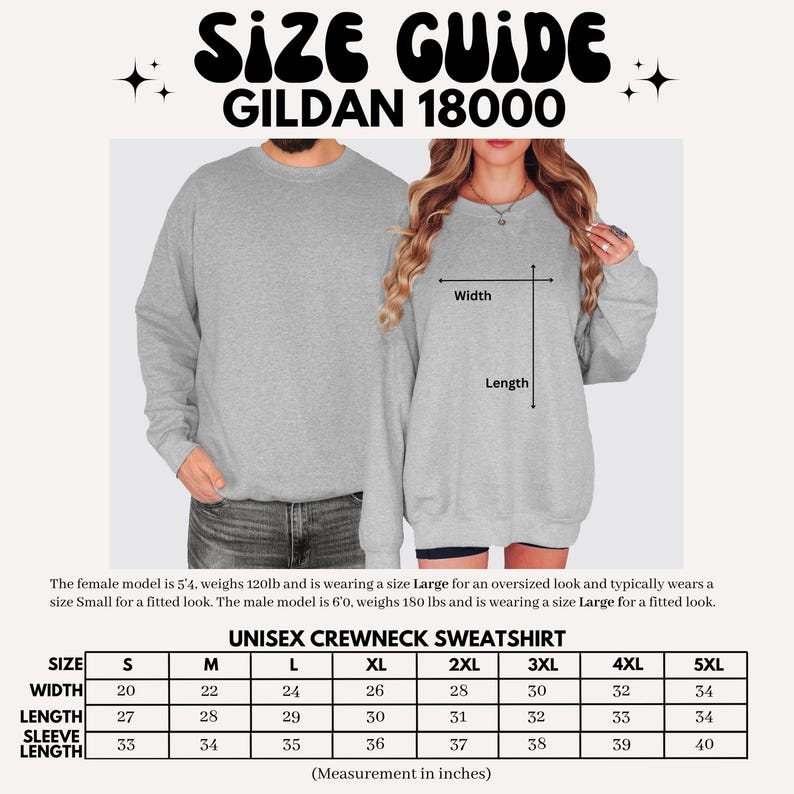 May include: A size guide for a Gildan 18000 unisex crewneck sweatshirt. The image displays two people wearing grey sweatshirts, a diagram indicating width and length measurements, and a table listing sizes S through 5XL with corresponding width, length, and sleeve length measurements in inches.