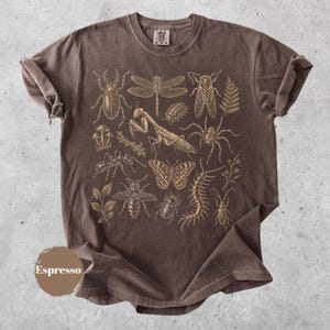 May include: A dark brown short-sleeve t-shirt featuring a detailed gold-toned graphic print of various insects, including a beetle, dragonfly, mantis, butterfly, and centipede, alongside small botanical elements like mushrooms and fern leaves.