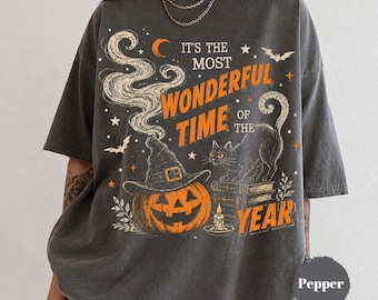 Most Wonderful Time Witch Shirt, Vintage Black Cat Pumpkin Graphic Tee, Retro 90s Spooky Season Apparel, Fall Witchy Gift