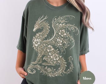 Floral Dragon T-Shirt, Comfort Colors Cottagecore Tee, Fantasy Botanical Graphic Unisex Shirt, Dark Academia Gift, Dragon Lover Top