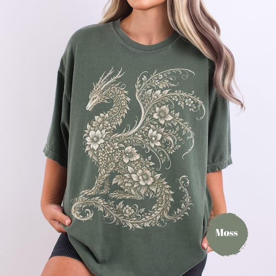 Floral Dragon T-Shirt, Comfort Colors Cottagecore Tee, Fantasy Botanical Graphic Unisex Shirt, Dark Academia Gift, Dragon Lover Top