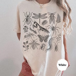 May include: A cream-colored t-shirt featuring a detailed black ink illustration of various insects, including a praying mantis, butterfly, beetle, and spider, alongside small botanical elements like mushrooms and fern leaves.