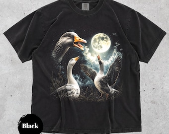 Retro-T-Shirt mit Gänse- und Mondmotiv, Vintage-T-Shirt aus den 90ern mit heulenden Weltraumgänsen, lustiges Unisex-Shirt mit Bauernhoftier-Grafik, Geschenk für Gänseliebhaber, Weltraum-Top