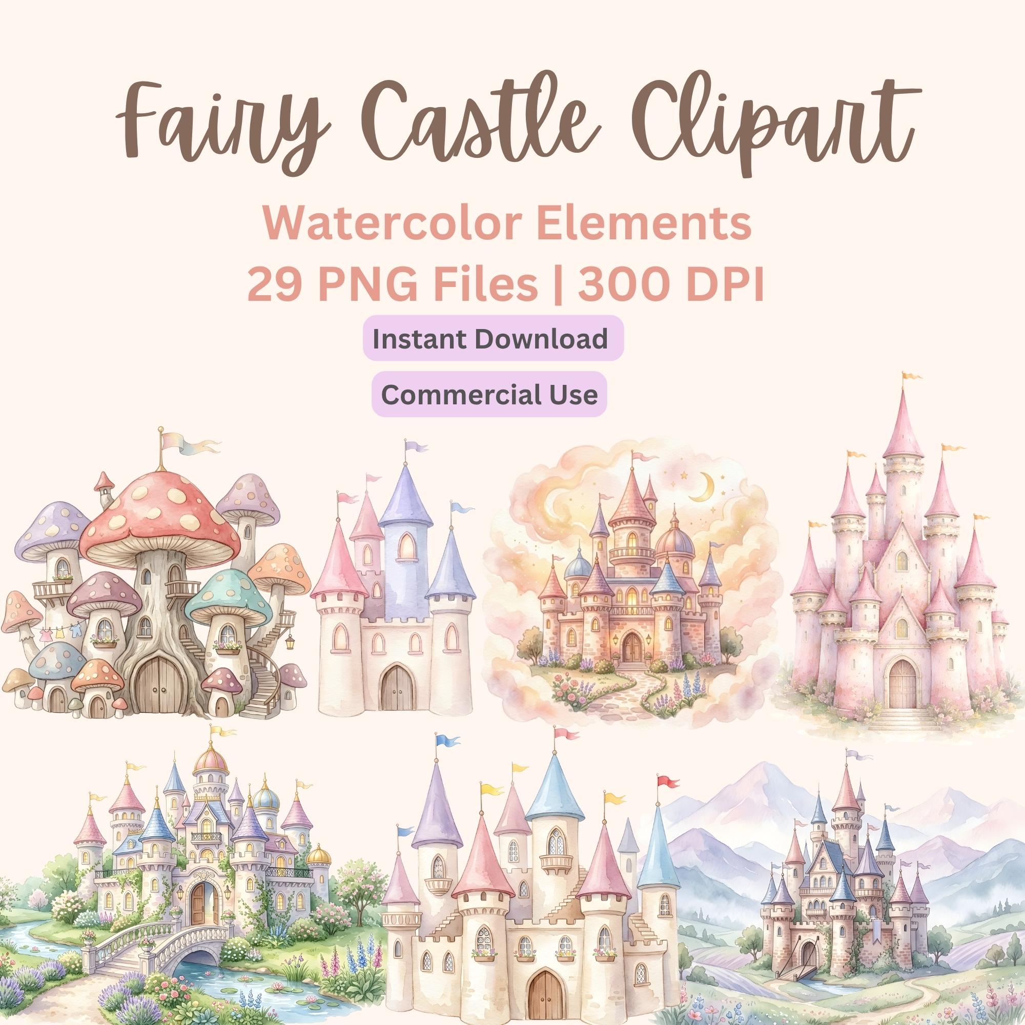 Fairy Castle Clipart Bundle, Watercolor Princess Pngs (instant Download ...