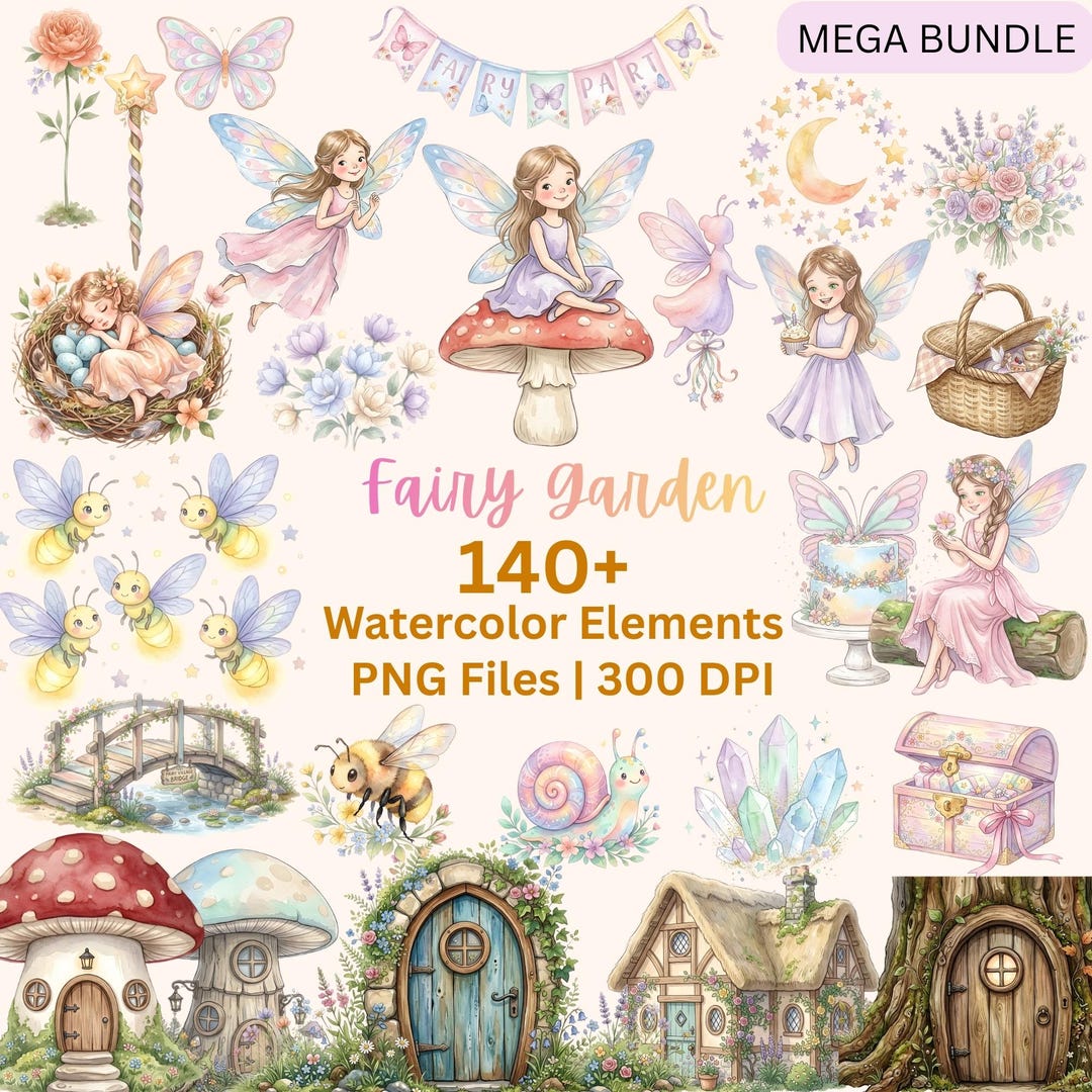Watercolor Fairy Garden Clipart Bundle, Pastel Storybook Elements ...