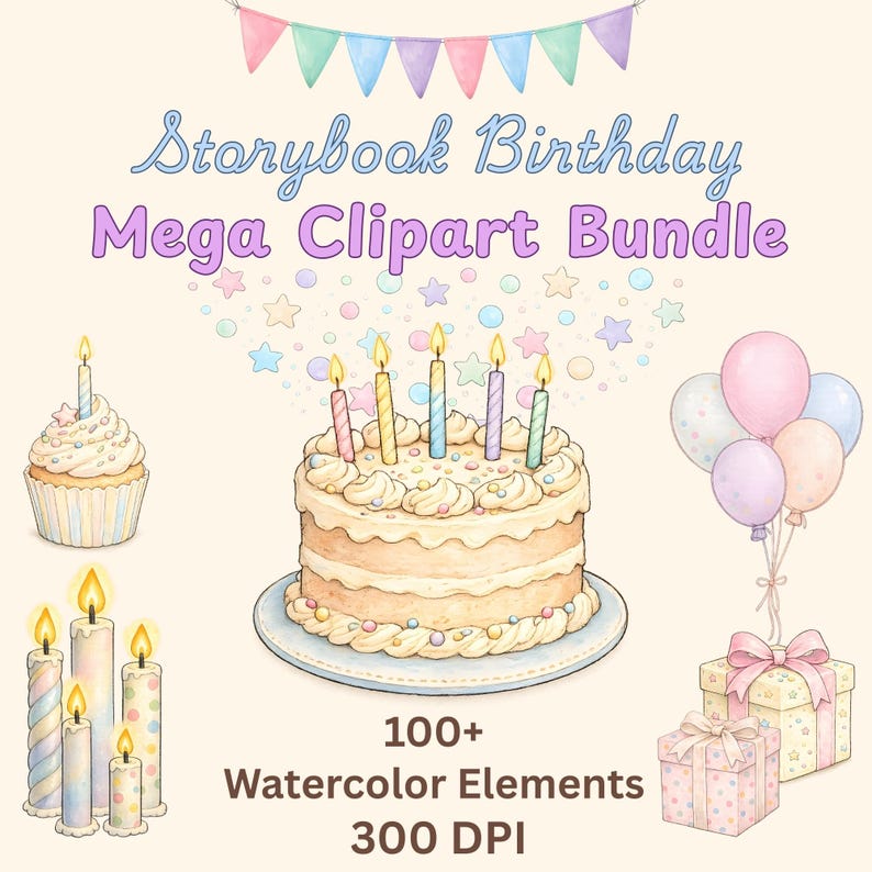 Birthday Clipart Bundle PNG – Pastel Watercolor Party Decor Kit | Happy ...