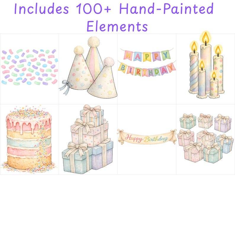 Birthday Clipart Bundle PNG – Pastel Watercolor Party Decor Kit | Happy ...