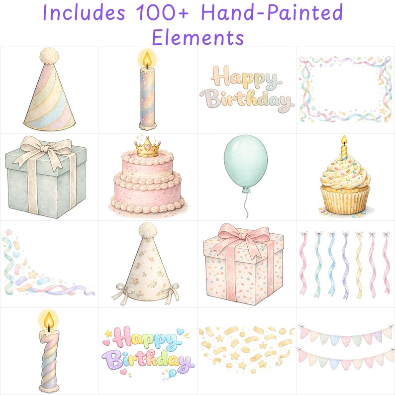 Birthday Clipart Bundle PNG – Pastel Watercolor Party Decor Kit | Happy ...