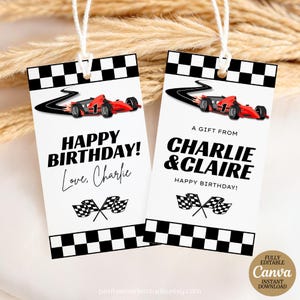 May include: Two white gift tags with a black and white checkered border and a red race car illustration. One tag says "Happy Birthday! Love, Charlie." The other says "A Gift From Charlie & Claire Happy Birthday!"