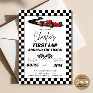 Erster Geburtstag Party Boy Checkered Flaggen-Rennwagen Themed Benutzerdefinierte Canva Bearbeitbare Vorlage Digitaler Download Erste Runde um die Strecke