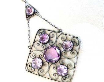 Arts and Crafts Silver and Amethyst filigree drop pendant necklace.