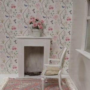 Dollhouse wallpaper light pink flowers with birds PDF 1:12 scale