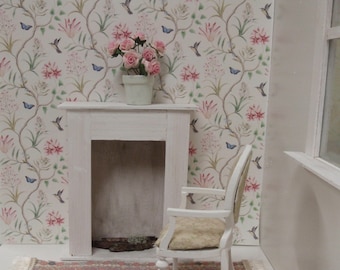Dollhouse wallpaper light pink flowers with birds PDF 1:12 scale