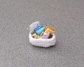 Dollhouse miniature basket filled with haberdashery shabby chic