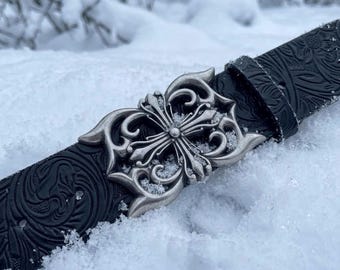 Gothic Y2K Belt – Embossed Floral Vegan Leather, Ornate Cross Buckle