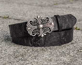 Gothic Black faux Leather Belt with Ornate Silver Cross Buckle