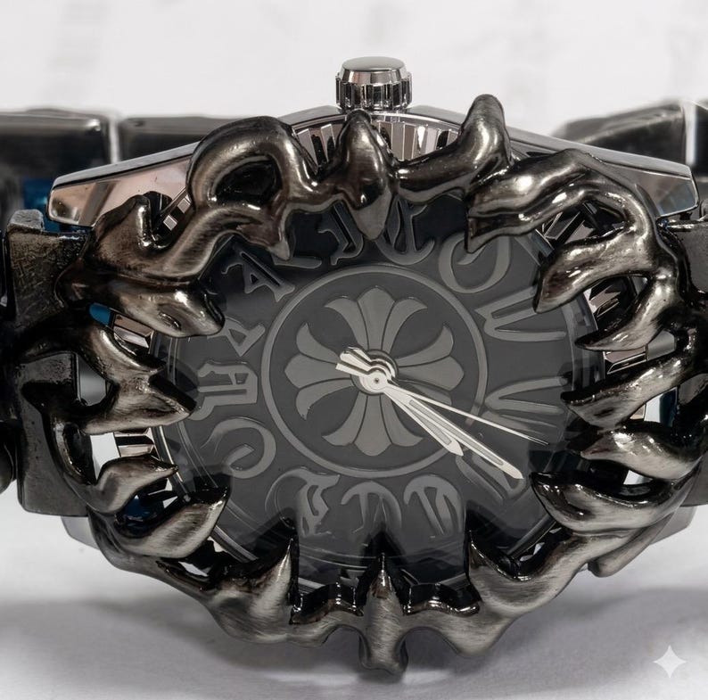 May include: Close-up of a dark gray wristwatch with a decorative, ornate bezel. The watch face is gray with a floral design and silver hands. The watch band is a dark gray, linked design. The watch has a silver crown.