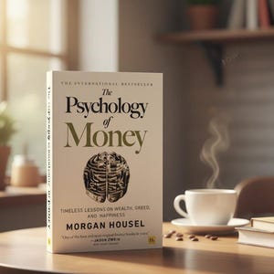 May include: A hardcover book titled "The Psychology of Money" stands on a wooden table next to a white coffee cup with steam rising. The book's cover features a brain illustration. The book's author is Morgan Housel.