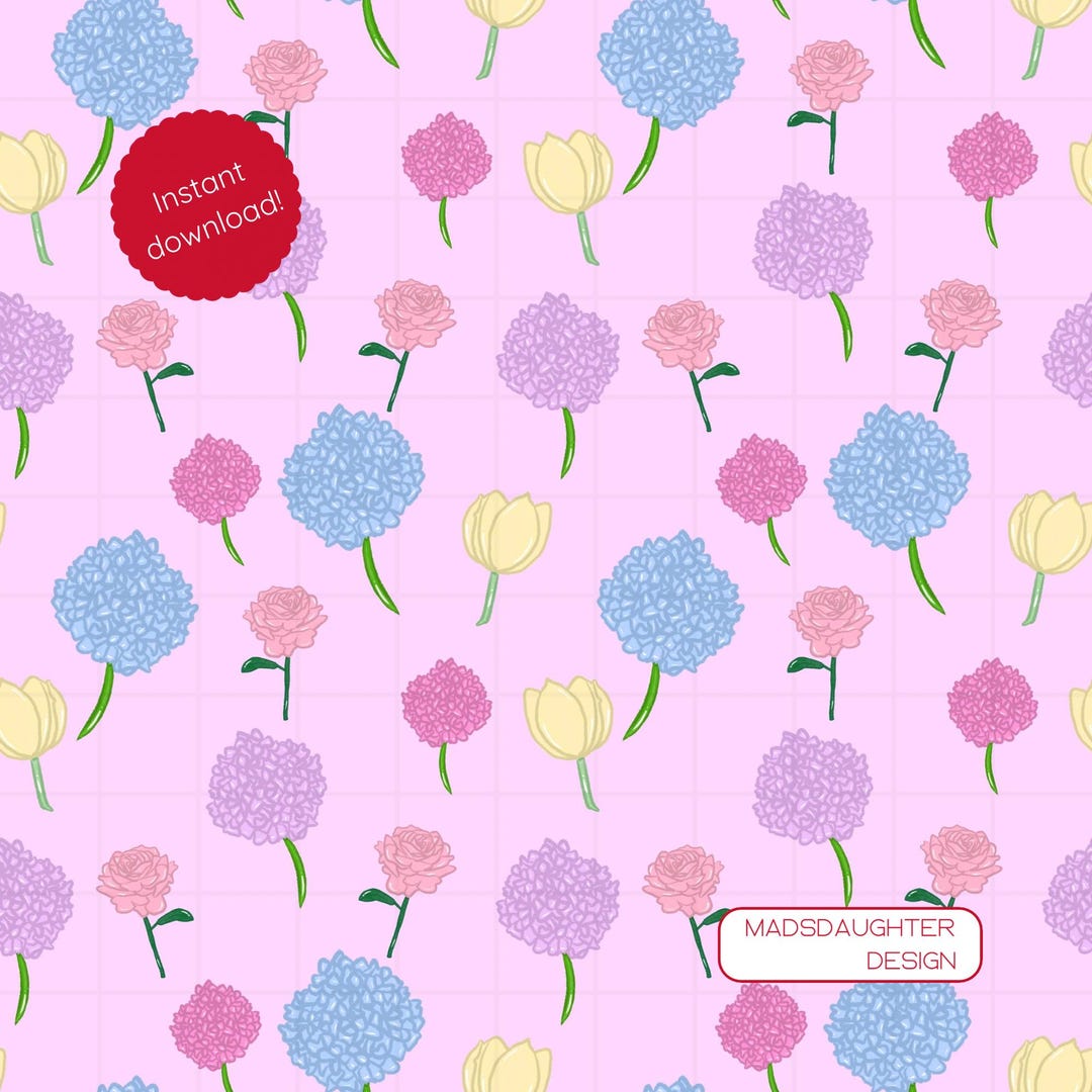 Floral Seamless Pattern Digital Download - Roses, Hydrangeas, Tulips on ...