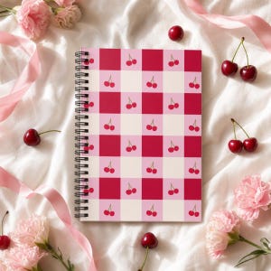 Cherry Notebook, Pink Gingham Journal, Spiral Notebook, Coquette Notebook, Cute Writing Journal, School Supplies, Gift for Her