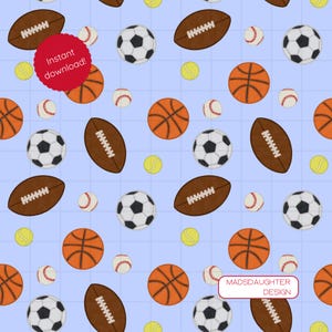 Sports Ball Seamless Pattern Digital Download — Light Blue Background