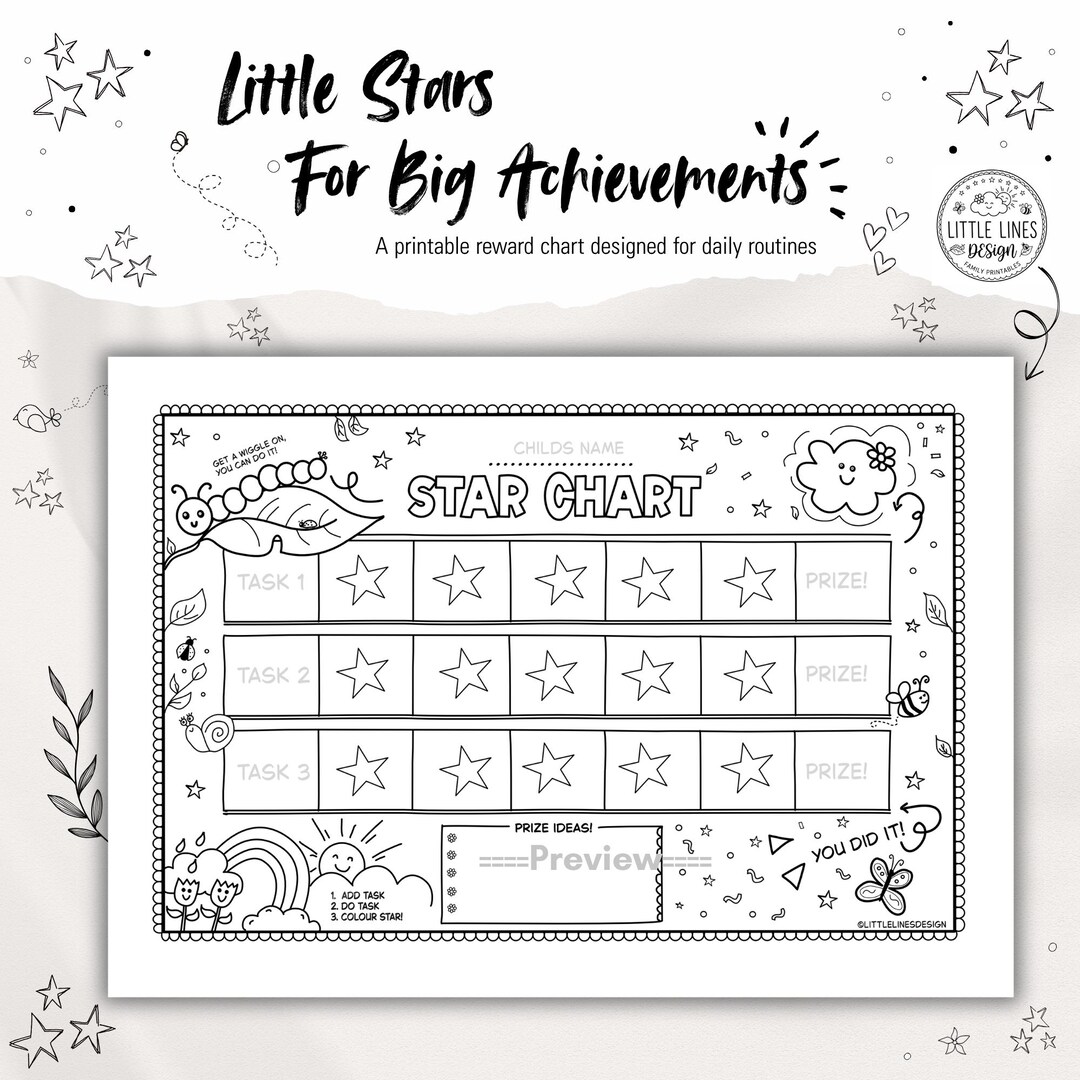 Reward Chart Colouring In Kid’s Star Chart Printable | Black & White Colouring Sheet | Reward ...
