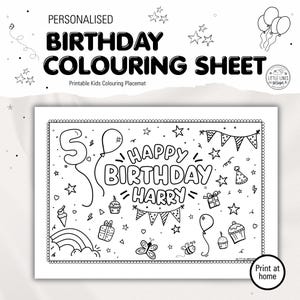 Könnte beinhalten: Ein schwarz-weißes, ausdruckbares Geburtstags-Malblatt mit dem Text Happy Birthday Harry, umgeben von Illustrationen von Luftballons, Sternen, Cupcakes, Geschenken, einem Regenbogen, einem Schmetterling, einer Biene und Wimpelketten.