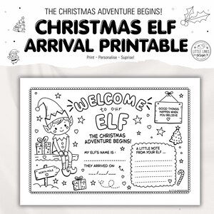 Puede incluir: Una hoja de actividades imprimible en blanco y negro para la llegada de un elfo navideño, con un elfo, un letrero del Polo Norte, regalos y estrellas. El texto incluye "WELCOME to our ELF", "THE CHRISTMAS ADVENTURE BEGINS!", "MY ELF'S NAME IS :" y "A LITTLE NOTE FROM YOUR ELF".