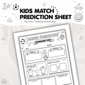 Puede incluir: Una hoja de actividades imprimible en blanco y negro titulada KIDS MATCH PREDICTION SHEET. La página presenta un encabezado MATCH PREDICTOR TOURNAMENT 2026, secciones para nombres de equipos, predicciones de resultados y casillas para escribir.