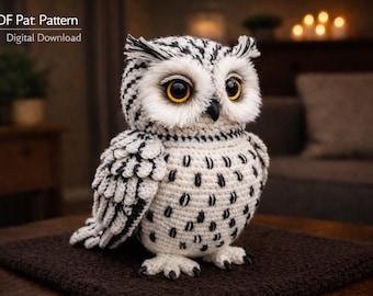 Schema per gufo all'uncinetto in PDF, gufo amigurumi, simpatico gufo, uccellino all'uncinetto, gufo delle nevi, giocattolo all'uncinetto fai da te, idea regalo fatta a mano