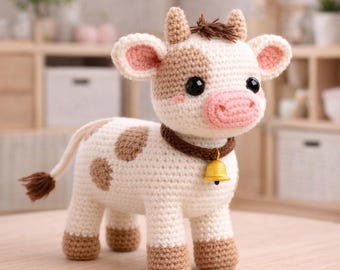 Schema PDF per realizzare una mucca all'uncinetto, tutorial per creare un mini peluche di un animale da fattoria, decorazione per la cameretta in stile Kawaii Amigurumi, giocattolo morbido fatto a mano da scaricare