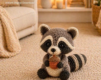 Schema PDF per realizzare un procione all'uncinetto - Amigurumi, peluche a forma di procione, download digitale, peluche fai da te, regalo kawaii all'uncinetto