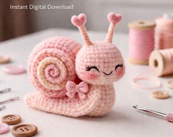 Schema per realizzare una lumaca amigurumi all'uncinetto in PDF. Simpatica lumaca di peluche Kawaii. Facile schema per principianti. Giocattolo morbido fai da te. Download immediato.