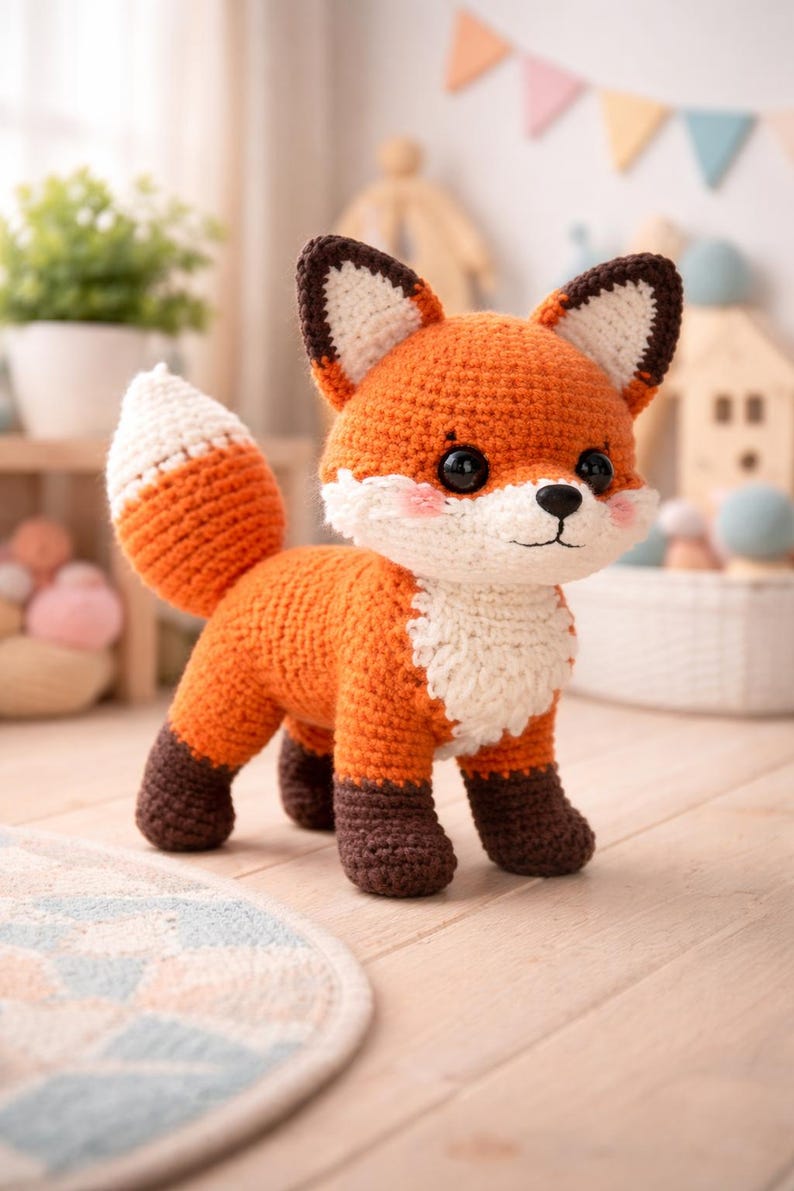May include: A crocheted fox toy in orange, white, and brown. The fox has a white chest and tail tip, with brown accents on the ears and feet. It has black eyes and pink cheeks. The toy is standing on a wooden surface.